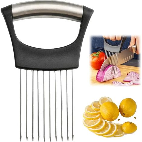 soporte de acero inoxidable para cortar cebollas, nuevo soporte para cortar cebollas, cortador de limones, cortador de verduras, picador, herramienta de ayuda para cortar patatas, tomates y cebollas (1/5)