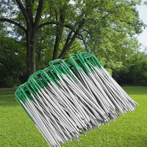 100 piquets en forme de U pour pelouse et jardin, clous verts pour toile de jardinage, aménagement paysager et montage de tente, piquets robustes pour gazon et fixation sécurisée (1/5)