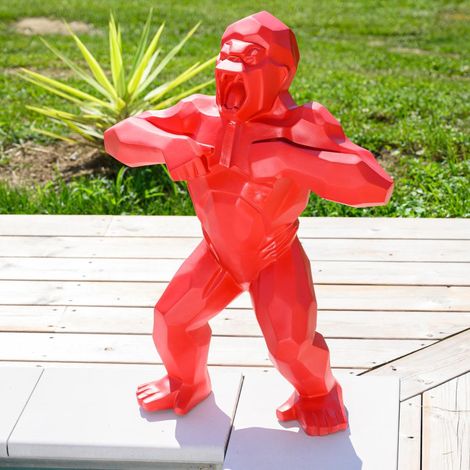 Wanda Collection – Statue origami gorille rouge 80 cm – Matériaux en fibre de verre et résine – Traitement anti UV et intempéries – Décoration extérieure durable