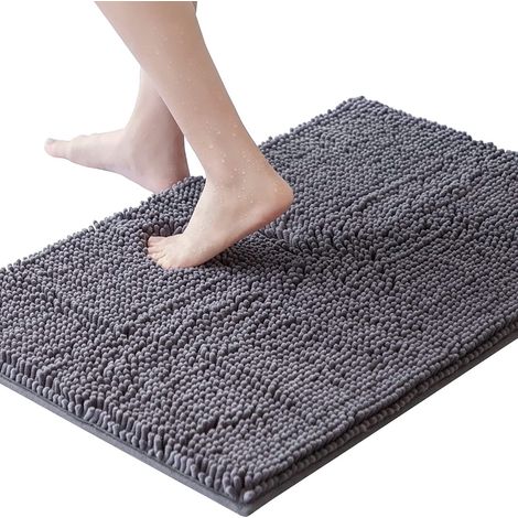 Lifewit 50x76cm extra weiche Badematte, saugfähige Shaggy Badematte aus Chenille, rutschfeste Plüschteppiche für Bad, Wanne und Dusche Grau (1/5)