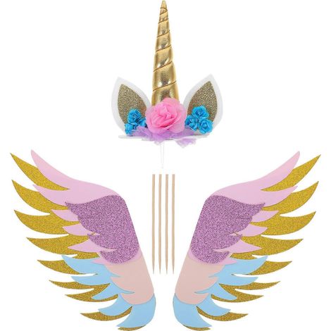 3 pièces de décorations pour gâteaux et cupcakes en papier pailleté, ailes de licorne (décoration licorne + 1 paire d'ailes) (1/5)