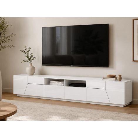 TV-Schrank Gregorio, niedriges Wohnzimmer-Sideboard mit 4 Türen, Fernsehständer-Basis, 100 % Made in Italy, 260 x 43 x 46 cm, glänzendes Weiß, (1/5)