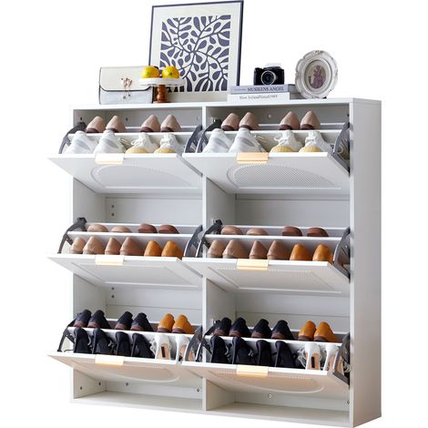 CHICFURN Meuble à chaussures blanc à 6 abattants, design arrondi, faible profondeur 25 cm, rangement gain de place pour entrée et couloir, anti-basculement, 118 x 25 x 115 cm (1/5)