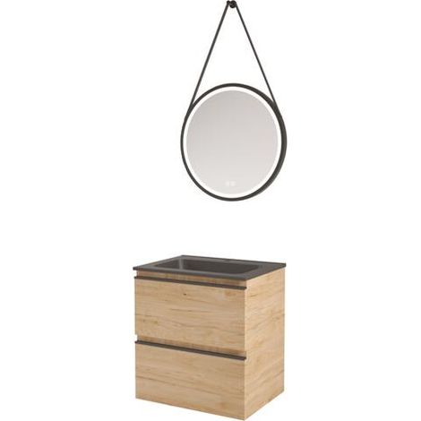 ONDEE - Mueble de baño EBENE - 60cm - Madera - 2 cajones - Encimera negra -Espejo KYARA