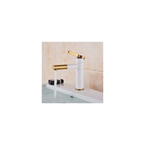 Robinet de lavabo cylindrique moderne et épuré, noir mat ou blanc avec finition or rose, hauteur 20 cm, pour salle de bain (1/5)