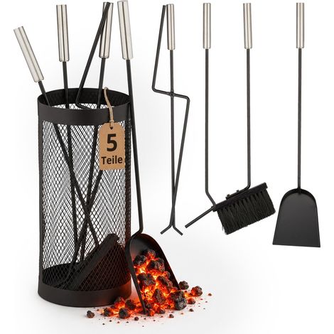 Relaxdays Fireplace Tool Set, 5-pieces, Poker, Ash Shovel, Broom, Tongs & Stand, Stainless Steel, Accessories, Black (1/5)