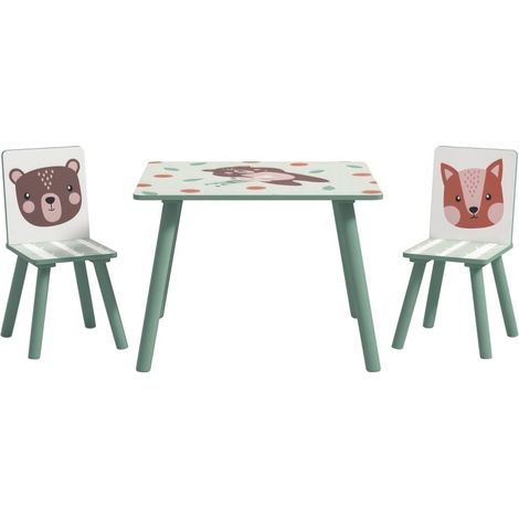 Grupo de asientos para niños de 3 a 8 años, compuesto por una mesa y dos sillas, con bonito motivo animal y color verde (1/5)