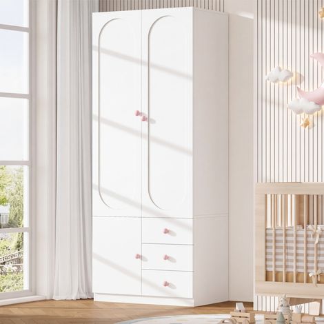 Armoire enfant 2 portes 80×50×200 cm avec tiroirs, tringle à vêtements, poignées céramiques roses, finition laquée blanche, meuble de rangement chambre enfant (1/5)