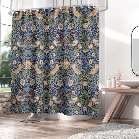 William Morris, rideau de douche floral style aquarelle, style vintage, rustique, vintage, de jardin, rideau de douche pour salle de bain, avec 12 crochets, 180 x 180 cm, en polyester (1/4)