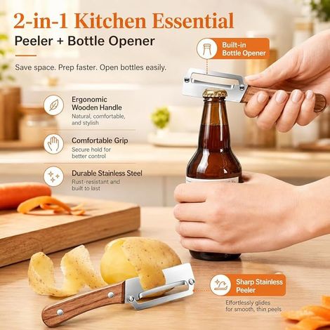 Lot de 2 Éplucheur de Légumes 2 en 1 avec Manche en Bois, Éplucheur Multifonction en Acier Inoxydable avec Ouvre-Bouteille, Économe pour Fruits, Pommes de Terre, Carottes, Concombres et Cuisine (1/5)