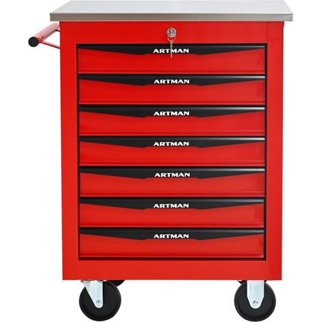 Carrello da officina professionale a 7 cassetti – L62,5xH78xP34,5 cm – Struttura in acciaio rinforzato e chiudibile a chiave – Rosso e nero