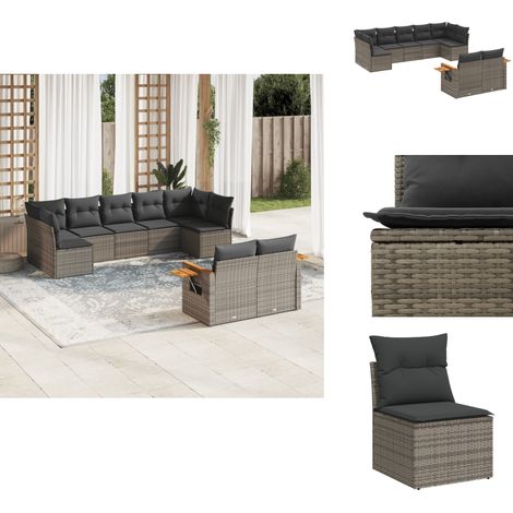 9-tlg. Garten-Sofagarnitur mit Kissen Grau Poly Rattan - Gartensorte - Lounge Set - Gartenmöbelset - Outdoor Möbel - Rattan Gartenmöbel (1/5)