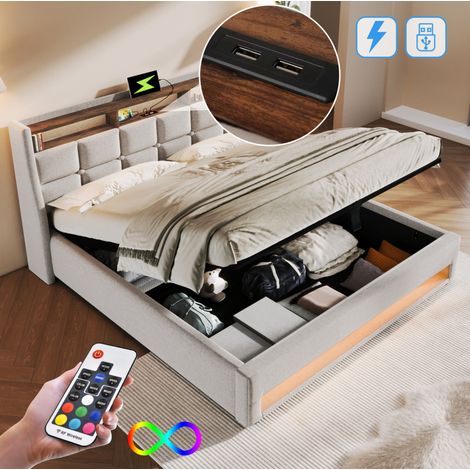 Letto imbottito 180x200 cm beige chiaro in tessuto di lino con LED, USB e contenitore (1/5)