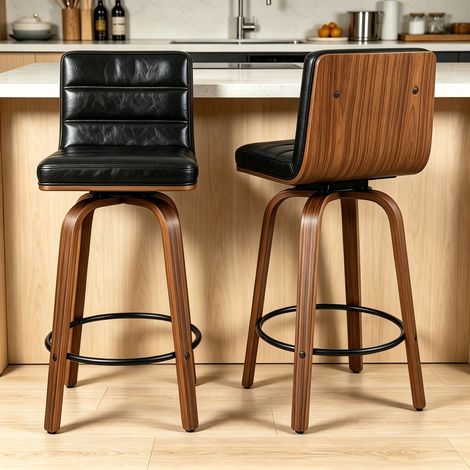 Taburete giratorio de bar con tapicería de piel sintética y patas de madera curvadas, gira 360° para cocina, bar y mostrador. (1/5)