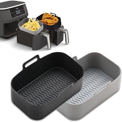 Lot de 2 paniers en silicone résistants, adaptés à la friteuse à air chaud, pour plaques de cuisson rectangulaires réutilisables : 1 noir + 1 gris