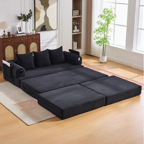 Divano modulare 200x190x67 cm nero in velluto a coste con cuscini, tasca laterale e montaggio senza attrezzi (1/5)