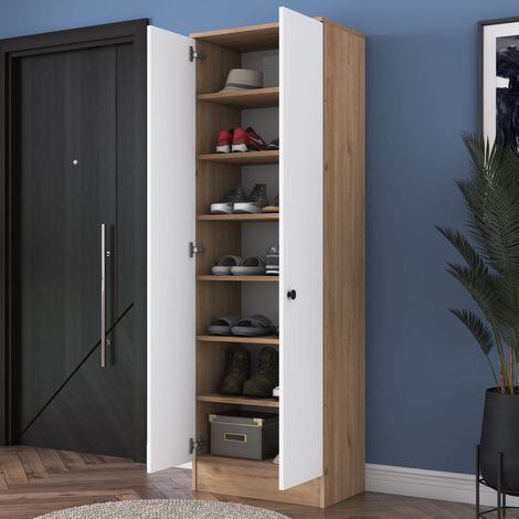 Modeneser Kleiderschrank 2-türig, Schlafzimmer-Schrank 6 Regale, Kleiderstange, Flügeltüren, 60x183h cm Weiß (1/5)