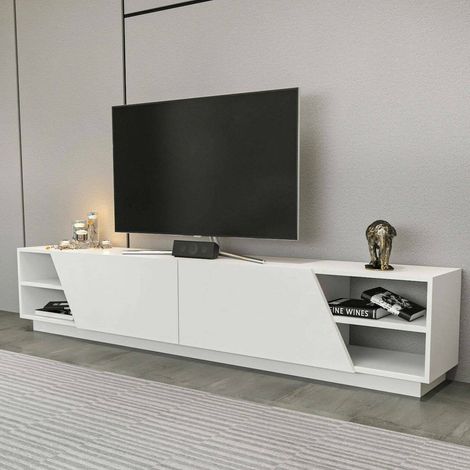 Dmora - Mueble de televisión Nyx, Aparador de salón, Mueble bajo para TV, Base de pared equipada, 240x37h47 cm, Blanco, con embalaje reforzado (1/5)