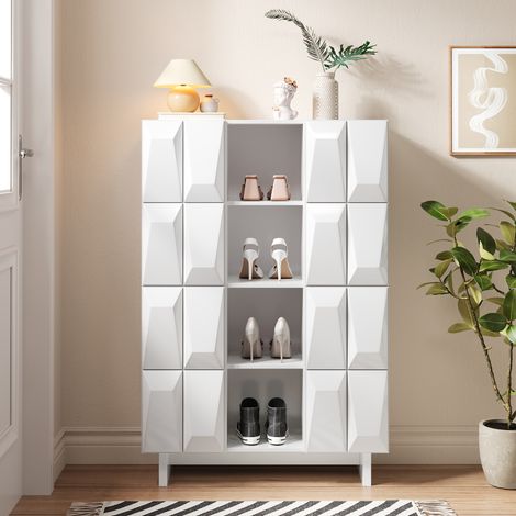 Vetrina scarpiera mobile alto 90,5x34x135,5 cm - ingresso soggiorno con 4 ante a rilievo geometrico e 12 scomparti in truciolato - bianco (1/5)