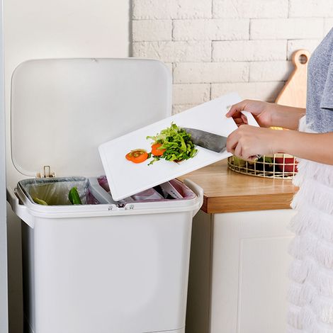 Poubelle de cuisine portable de grande capacité avec séparation des déchets secs et humides, double compartimentage, plus grande et plus haute, à trois niveaux pour un usage domestique. (1/5)