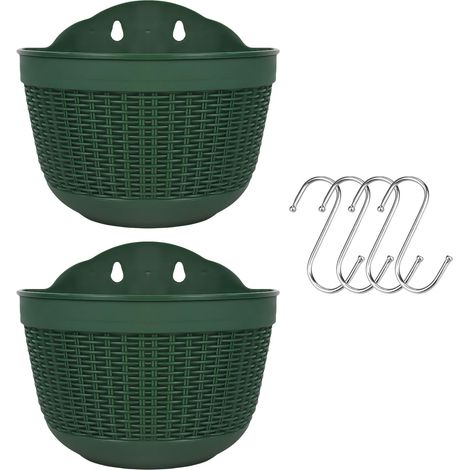 Lot de 2 pots de fleurs suspendus d'extérieur en plastique pour balcon, clôture, pots de fleurs muraux avec drainage et 4 crochets (1/5)