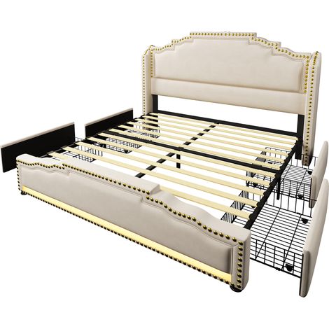Cama doble 160x200 de terciopelo beige con 4 cajones, LED, USB-C y somier (1/5)
