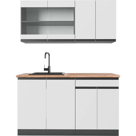 Singleküche R-Line, Weiß/Anthrazit, 140 cm , AP Eiche, Vicco