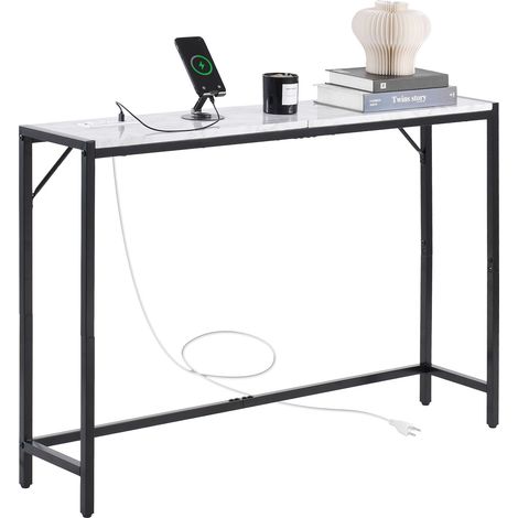Table Console en Marbre, Console d’Entrée Étroite et Longue avec Prise de Courant, Table d'Appoint Fine avec Tubes en Fer, Dispositif Anti-basculement et Support Triangulaire, Salon Couloir (1/5)