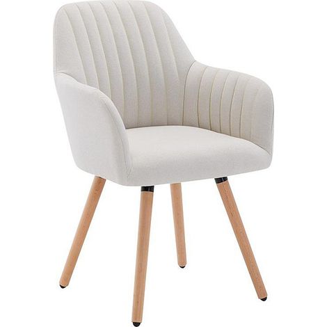 Vente-Unique – Chaise avec accoudoirs – Tissu 100% polyester – Pieds en hêtre – Couleur crème – Hauteur 85 cm – Design rétro (1/4)