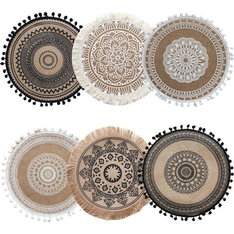 Lot de 6 sets de table ronds bohème tressés, 38 cm, antidérapants et résistants à la chaleur. (1/5)