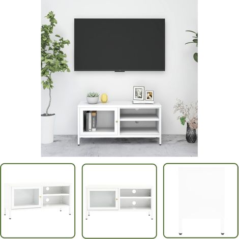 The Living Store TV-Schrank Weiß 90x30x44 cm Stahl und Glas - Fernsehschränkchen - TV-Stand - Weißes Möbelstück - Wohnzimmerschrank - Aufbewahrungsschrank (1/5)