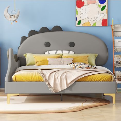 Lit enfant style dinosaure en PU gris 140x200 cm avec tête de lit fantaisie et sommier à lattes (1/5)