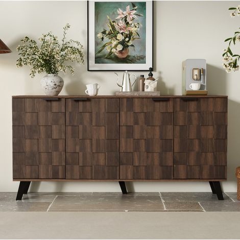 Aparador moderno (160.5x35.5x78 cm), 4 puertas, baldas regulables, diseño geométrico, tablero de partículas, color madera (1/5)