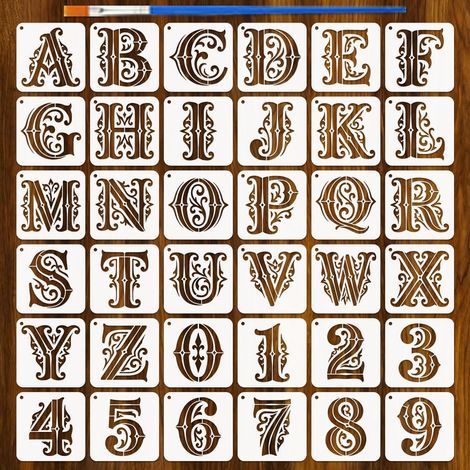 36 Pièces Pochoirs de Peinture de Lettres et Chiffres avec Pinceau 10x10cm Gabarit de Dessin de Chiffres 09 et Vignes Pochoir d'Alphabet 26 Lettres Gabarit DIY Thème Lettres (1/5)