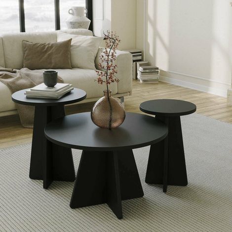 Couch-Tisch Cargeghe, Runde Form, Tischplatte aus edlem Holz, Farbe Schwarz, 60x60x40h cm, Schwarz (1/4)