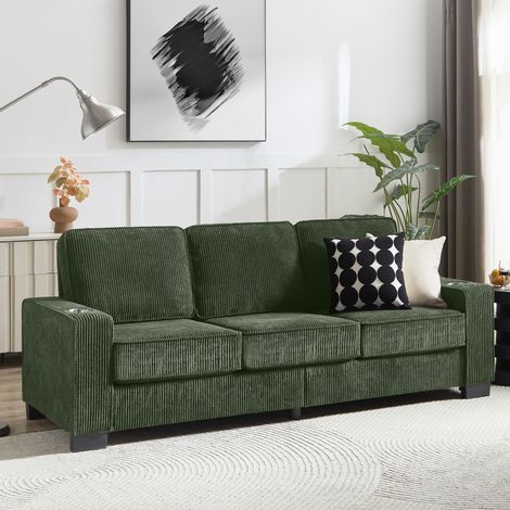 Sofá de 3 plazas de terciopelo acanalado 206 cm con portavasos, verde oliva OKMYHOME (1/5)