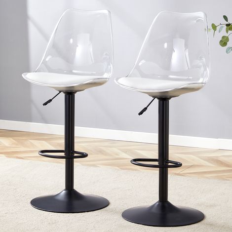 Ensemble de 2 tabourets de bar modernes réglables, avec dossiers en plastique transparent et assises en cuir PU, pieds en métal noir. Hauteur réglable et pivotants à 360°, adaptés aux cuisines, bistro