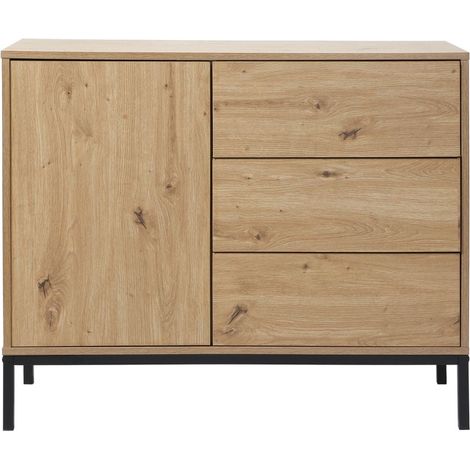 Calicosy – Commode enfant 1 porte 3 tiroirs décor chêne L90 x l40 x H80 cm – Panneaux de particules FSC – Piétement métal noir – Ouverture tiroirs push/pull (1/5)
