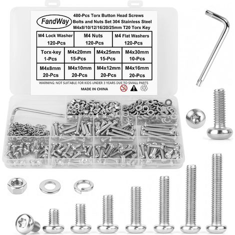480 Pièces Torx Vis à Métaux et écrous,M4 Vis à Tête Ronde Torx,Boulon et écrous Rondelles,Boulons Tete Bombée Entièrement Filetées en Acier Inox 304 Avec Clé T20 (1/5)