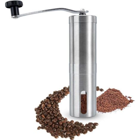 Molinillo de café manual de acero inoxidable en color plata - Molinillo manual con molienda ajustable continuamente para café, moler espresso a mano. (1/4)