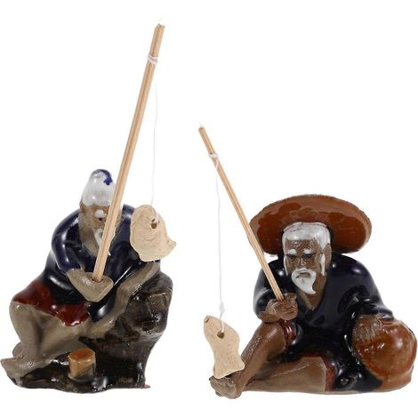 Cet ensemble de 2 figurines miniatures de pêcheurs en céramique, les représentant assis en train de pêcher, convient aux jardins zen asiatiques, aux aquariums, aux paysages de bonsaïs et aux paysages (1/5)