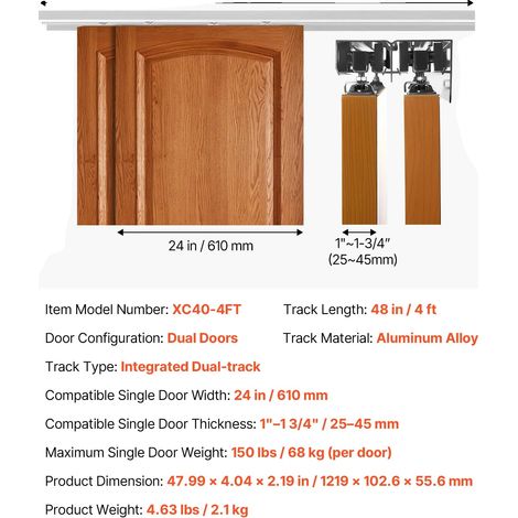 Kit de herrajes para puerta corredera de derivación, aleación de aluminio duradera, funcionamiento silencioso, 122 cm (4 pies) (1/2)
