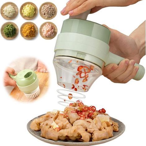 Conjunto de cortador de verduras eléctrico portátil 4 en 1, la rebanadora de verduras multifuncional más reciente de 2022, mini picador de ajo portátil para pimiento, frutas y carne (1/5)