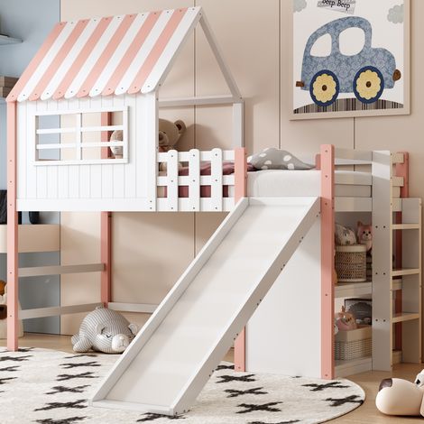 Lit enfant 90x200 avec toboggan rangement bois rose mdf HAVRYA (1/5)