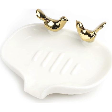 Porte-savon autonettoyant en céramique blanche avec oiseaux dorés, style cascade, idéal pour les savons en barre, pour la salle de bain et la douche. (1/5)