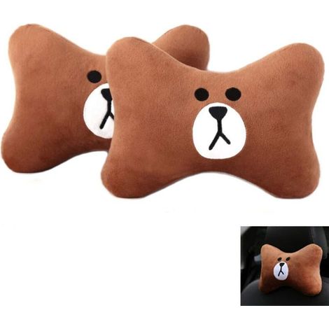 Coussins cervicaux pour voiture - Lot de 2 coussins de soutien pour appuie-tête ours mignons, accessoires de voiture doux et confortables, appuie-tête de voyage universels (marron)