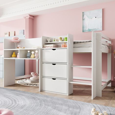 Optimise la chambre d'enfant, lit cabane mi-hauteur blanc 90x200 avec espace sous le lit et rangements (1/5)