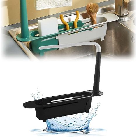 Porte Eponge Evier Cuisine 32-38CM Évolutif Support Eponge Evier Cuisine Réglable Organisateur Evier Creuse Inférieure Range Eponge Evier Porte Éponge pour Placer Chiffons, Éponges (Noir) (1/5)