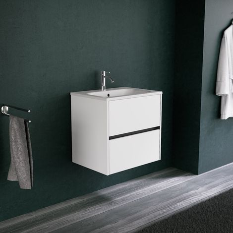 Inda - Badezimmerschrank 2 Schubladen L.60 mit mattem Waschbecken / Mattweiß - diamante (1/5)