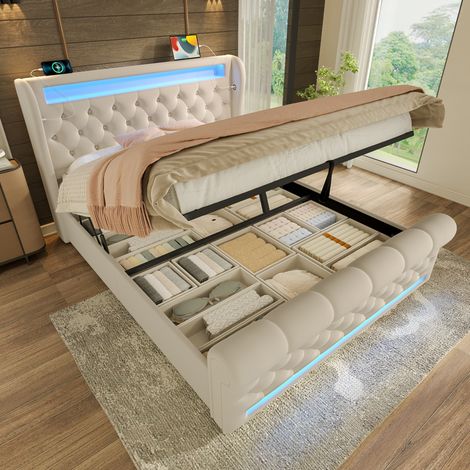 Lit capitonné 140x190 cm beige en velours avec LED, ports USB/Type-C et coffre (1/5)